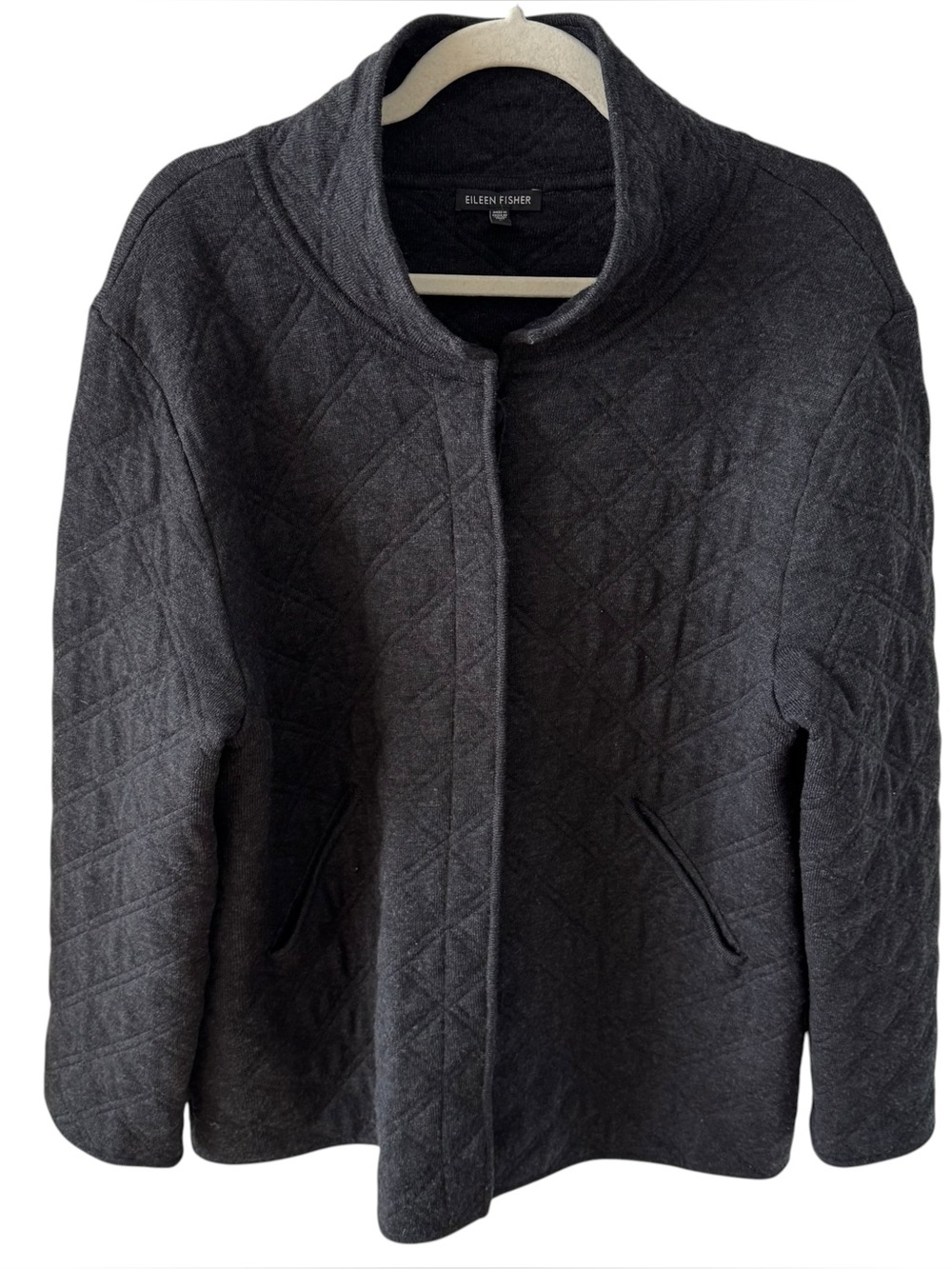 Eileen Fisher 100% Merino Wool Quilted Jacket Dark Gray Large